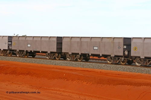 01619-02620 080304 2194
Thomas Yard, down the rail welding end, new FMG ore waggon pair 1619 slave and 2620 control, built by China Southern or CSR at their Zhuzhou Rolling Stock Works in China in 2007. 4th March 2008.
Keywords: 1619-2620;CSR-Zhuzhou-Rolling-Stock-Works-China;FMG-ore-waggon;