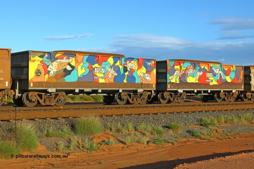 07687-08688 200412 6176
Boodarie, part of a loaded FMG train, painted ore waggon pair 7687 - 8688 built by CRRC Yangtze Rolling Stock Co. of China in 2018, it features mural painting by students of South Hedland High School and was painted in August 2018. April 12, 2020.
Keywords: 7687-8688;CRRC-Yangtze-China;FMG-ore-waggon;