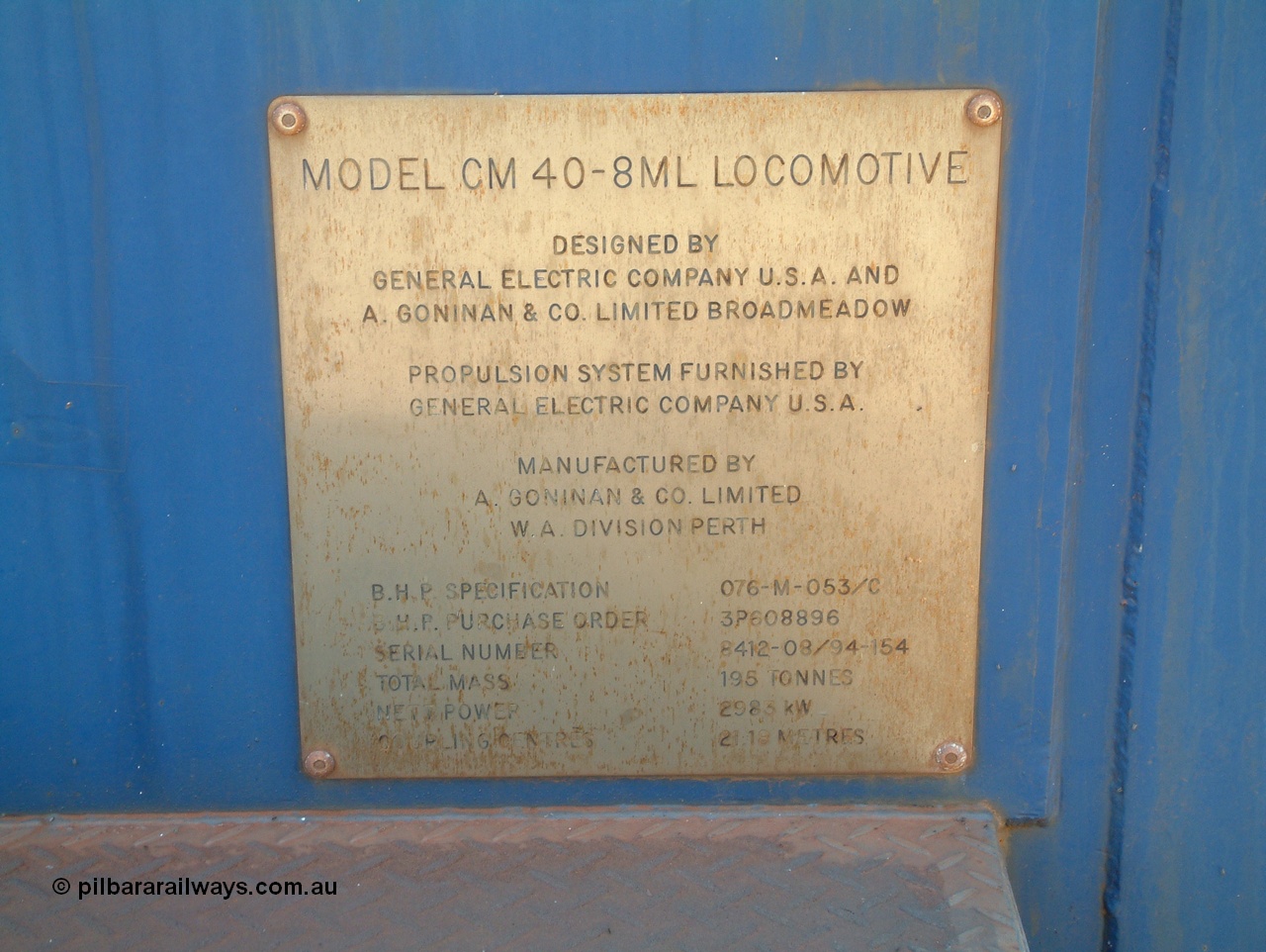 041014 122446
Pilbara Railways Historical Society, the builders plate from Goninan WA rebuild CM40-8ML unit 5663 Newcastle, one of three units built without a driving cab in 1994 but with a Locotrol equipment cabinet to do away with the Locotrol waggons that were in use at the time. Donated to the Society around 1998? 14th October 2004.
Keywords: 5663;Goninan;GE;CM40-8ML;8412-08/94-154;rebuild;AE-Goodwin;ALCo;M636C;5476;G6047-8