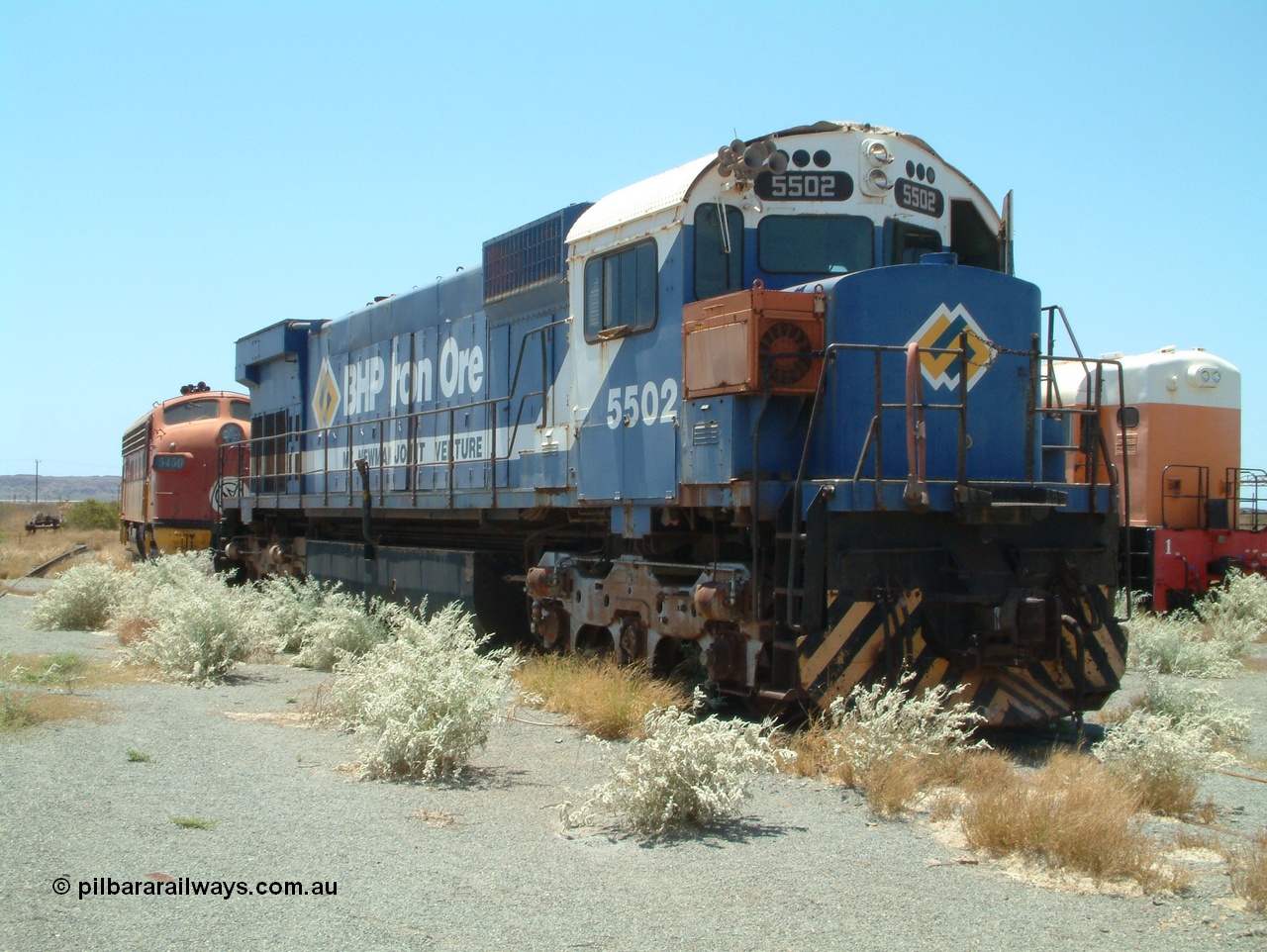 041014 122536
Pilbara Railways Historical Society museum, Australian built by Comeng NSW an MLW ALCo M636 unit formerly owned by Mt Newman Mining and BHP Iron Ore 5502 serial number C6096-7 built in July 1976, retired in 1994, donated to the Society in November 1995. 14th October 2004.
Keywords: 5502;Comeng-NSW;MLW;ALCo;M636;C6096-7;