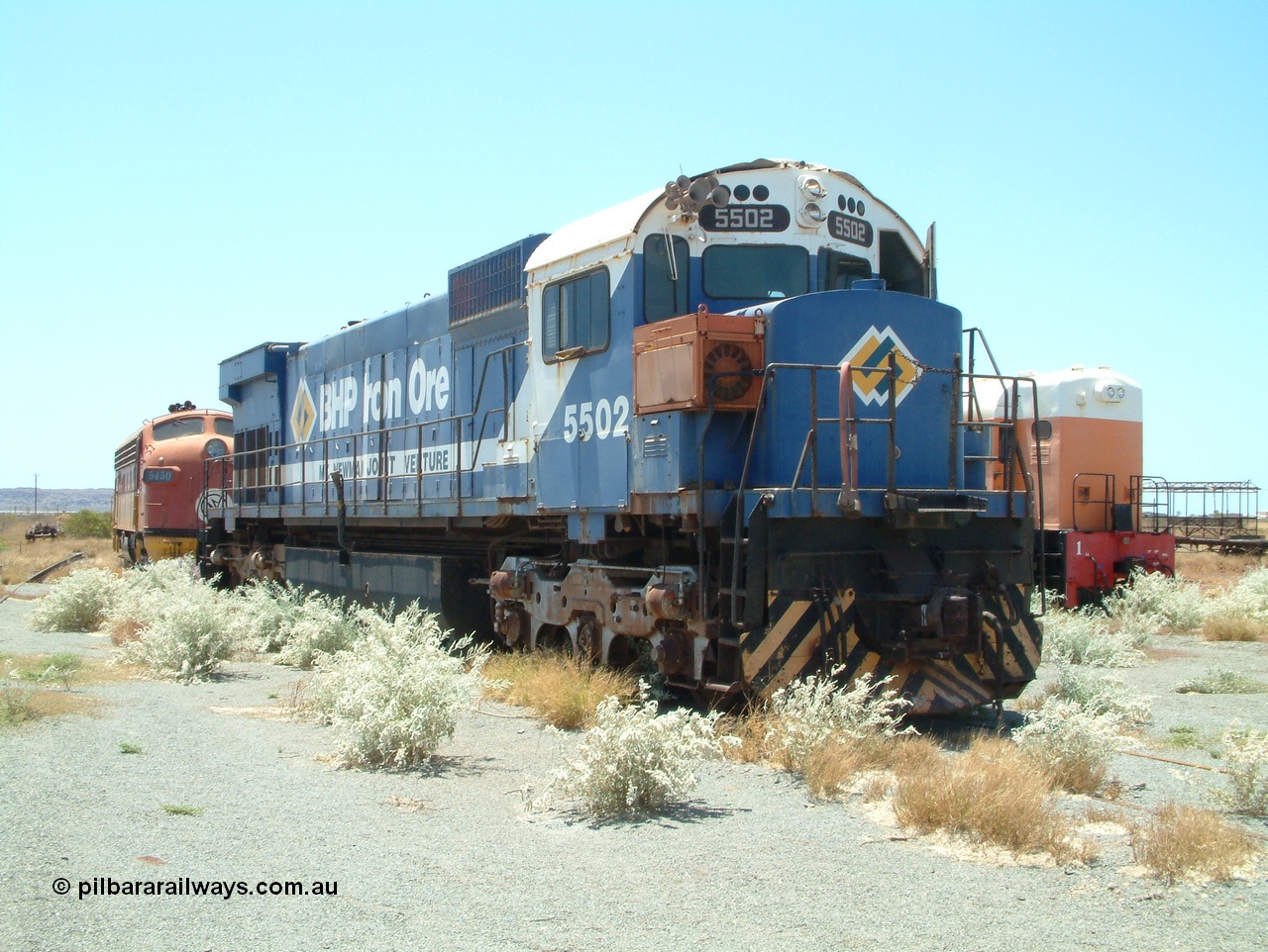 041014 122542
Pilbara Railways Historical Society museum, Australian built by Comeng NSW an MLW ALCo M636 unit formerly owned by Mt Newman Mining and BHP Iron Ore 5502 serial number C6096-7 built in July 1976, retired in 1994, donated to the Society in November 1995. 14th October 2004.
Keywords: 5502;Comeng-NSW;MLW;ALCo;M636;C6096-7;
