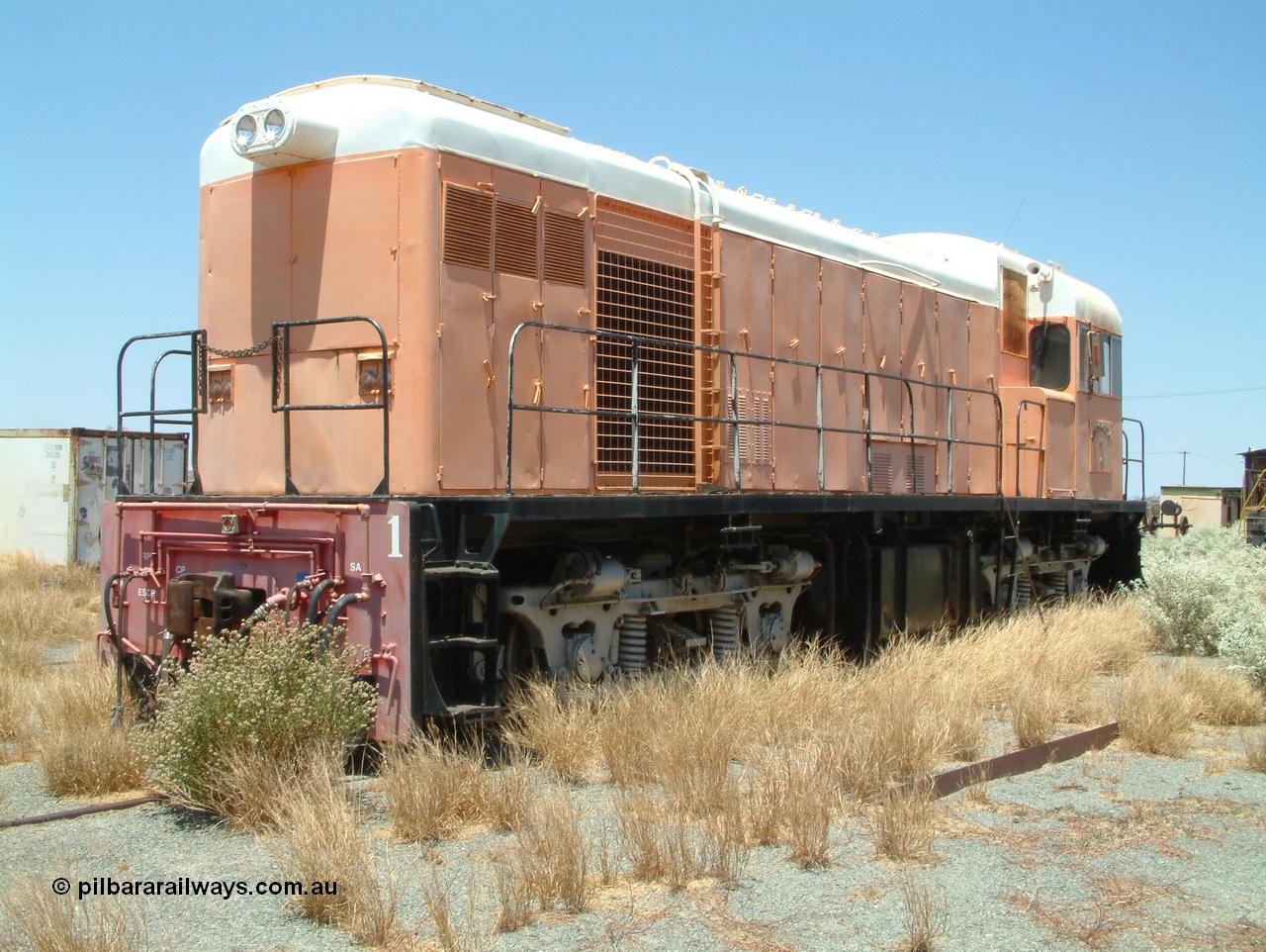 041014 122626
Pilbara Railways Historical Society, Goldsworthy Mining Ltd B class unit 1, an English Electric built ST95B model, originally built in 1965 serial A-104, due to accident damage rebuilt on new frame with serial A-232 in 1970. These units of Bo-Bo design with a 6CSRKT 640 kW prime mover and built at the Rocklea Qld plant. Donated to Society in 1995. 14th October 2004.
Keywords: B-class;English-Electric-Qld;ST95B;A-104;A-232;GML;Goldsworthy-Mining;