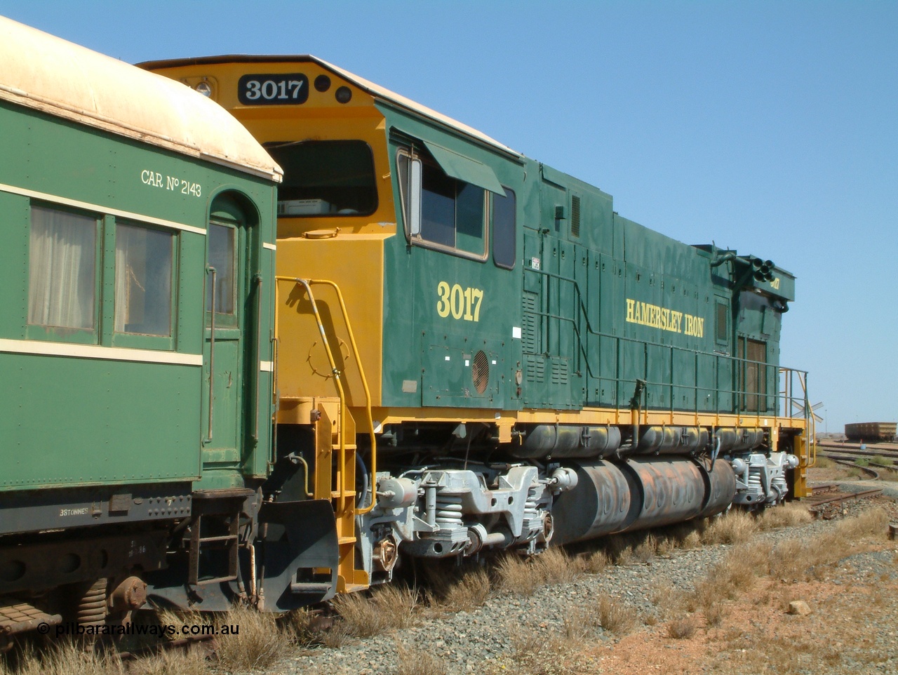 041014 142048
Pilbara Railways Historical Society, Comeng WA ALCo rebuild C636R locomotive 3017 serial WA-135-C-6043-04. The improved Pilbara cab was fitted as part of the rebuild in April 1985. Donated to Society in 1996. 14th October 2004.
Keywords: 3017;Comeng-WA;ALCo;C636R;WA-135-C-6043-04;rebuild;