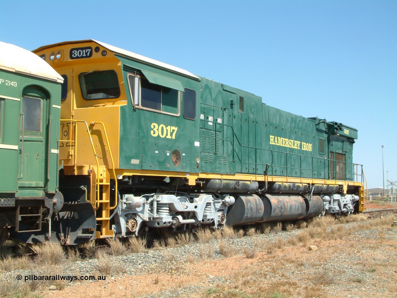 041014 142058
Pilbara Railways Historical Society, Comeng WA ALCo rebuild C636R locomotive 3017 serial WA-135-C-6043-04. The improved Pilbara cab was fitted as part of the rebuild in April 1985. Donated to Society in 1996. 14th October 2004.
Keywords: 3017;Comeng-WA;ALCo;C636R;WA-135-C-6043-04;rebuild;