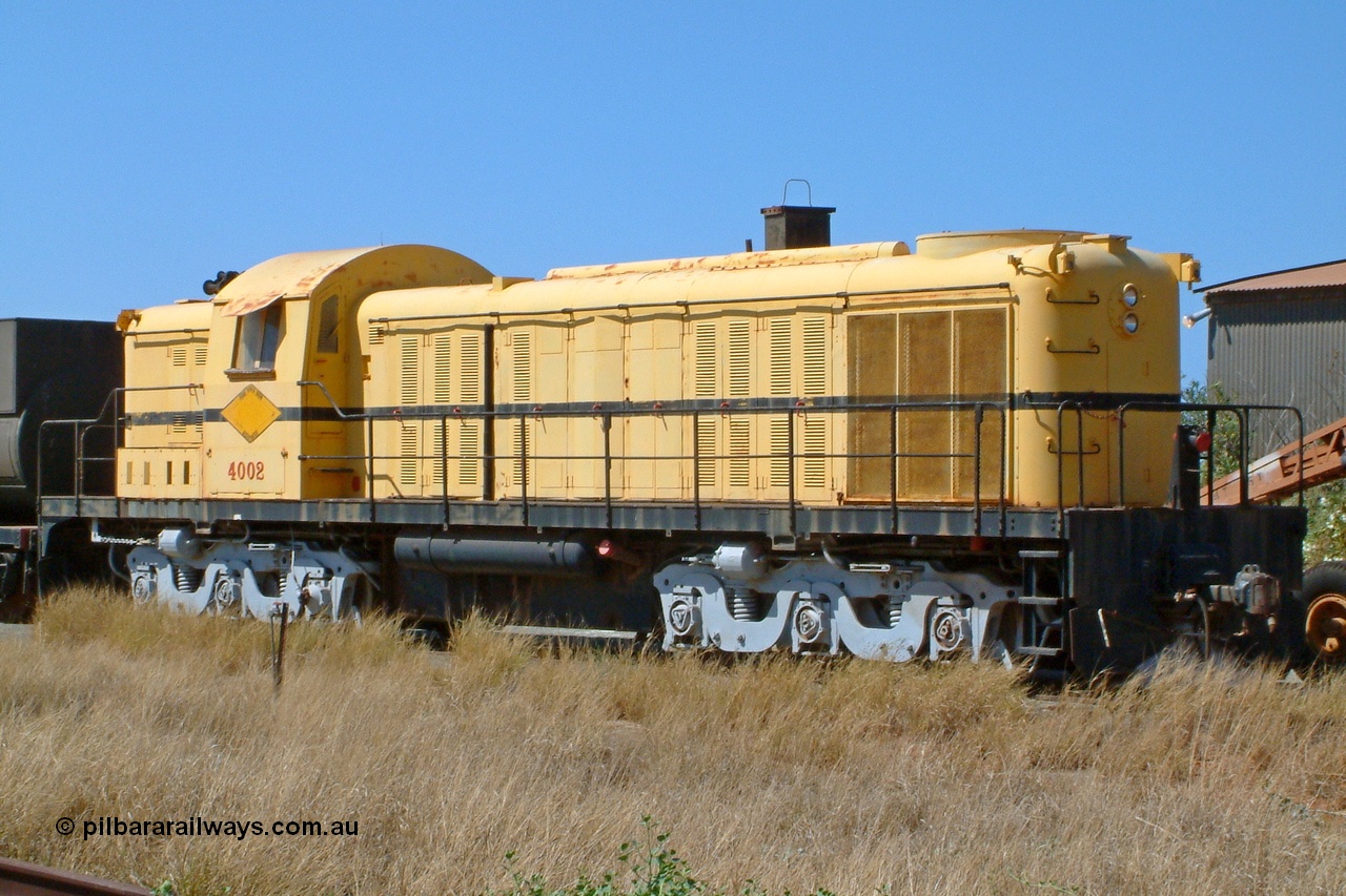 041014 142508
Pilbara Railways Historical Society museum, former Cliffs Robe River Iron Associates RSD-3 model ALCo locomotive built by Montreal Locomotive Works (MLW) in 1951 for NSWGR as the 40 class 4002 serial 77733, purchased by CRRIA in 1971 and numbered 261.002, then 1705 and finally 9405. 4002 is preserved in an operational state and another claim to fame is it run the Royal Train in NSW February 1954. Donated to the Society in 1979. 14th October 2004.
Keywords: 4002;MLW;ALCo;RSD3;77733;9405;40-class;