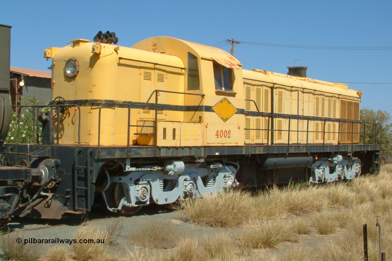 041014 142544
Pilbara Railways Historical Society museum, former Cliffs Robe River Iron Associates RSD-3 model ALCo locomotive built by Montreal Locomotive Works (MLW) in 1951 for NSWGR as the 40 class 4002 serial 77733, purchased by CRRIA in 1971 and numbered 261.002, then 1705 and finally 9405. 4002 is preserved in an operational state and another claim to fame is it run the Royal Train in NSW February 1954. Donated to the Society in 1979. 14th October 2004.
Keywords: 4002;MLW;ALCo;RSD3;77733;9405;40-class;