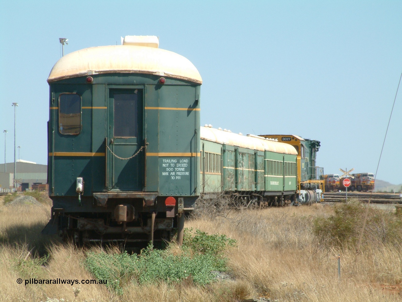 041014 142558
Pilbara Railways Historical Society, view along the passenger carriages, closest is the 'Conference Car' with SV 4 still visible, originally built by Clyde Engineering at Granville NSW in 1935 for the NSWGR as a second class railway carriage FS type FS 2010. In 1975 it was purchased by Hamersley Iron and converted to an inspection vehicle SV 4. When donated to the Society it was repurposed as a conference car. 14th October 2004.
Keywords: FS2010;FS-type;Clyde-Engineering-Granville-NSW;