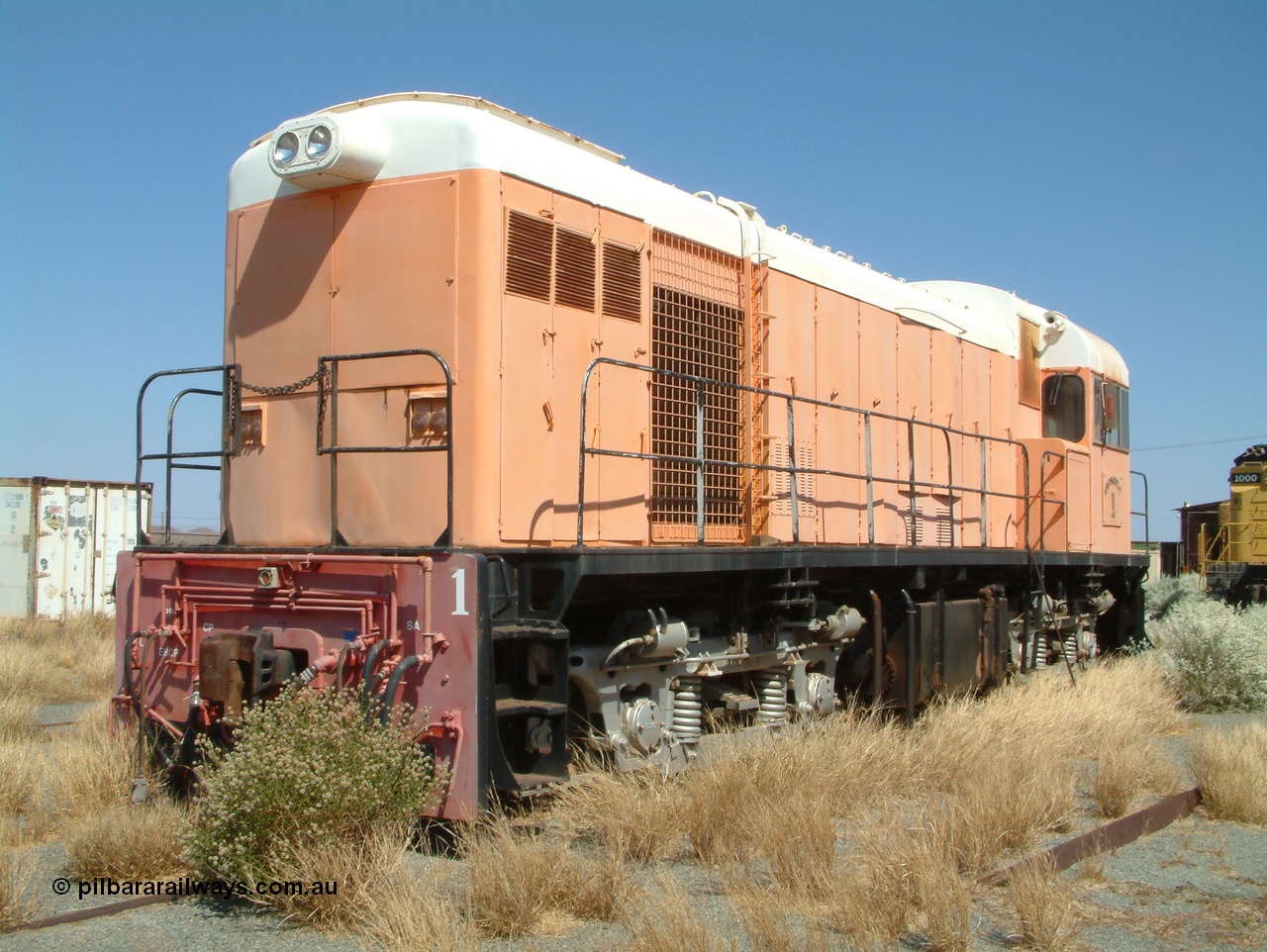 041014 142804
Pilbara Railways Historical Society, Goldsworthy Mining Ltd B class unit 1, an English Electric built ST95B model, originally built in 1965 serial A-104, due to accident damage rebuilt on new frame with serial A-232 in 1970. These units of Bo-Bo design with a 6CSRKT 640 kW prime mover and built at the Rocklea Qld plant. Donated to Society in 1995. 14th October 2004.
Keywords: B-class;English-Electric-Qld;ST95B;A-104;A-232;GML;Goldsworthy-Mining;