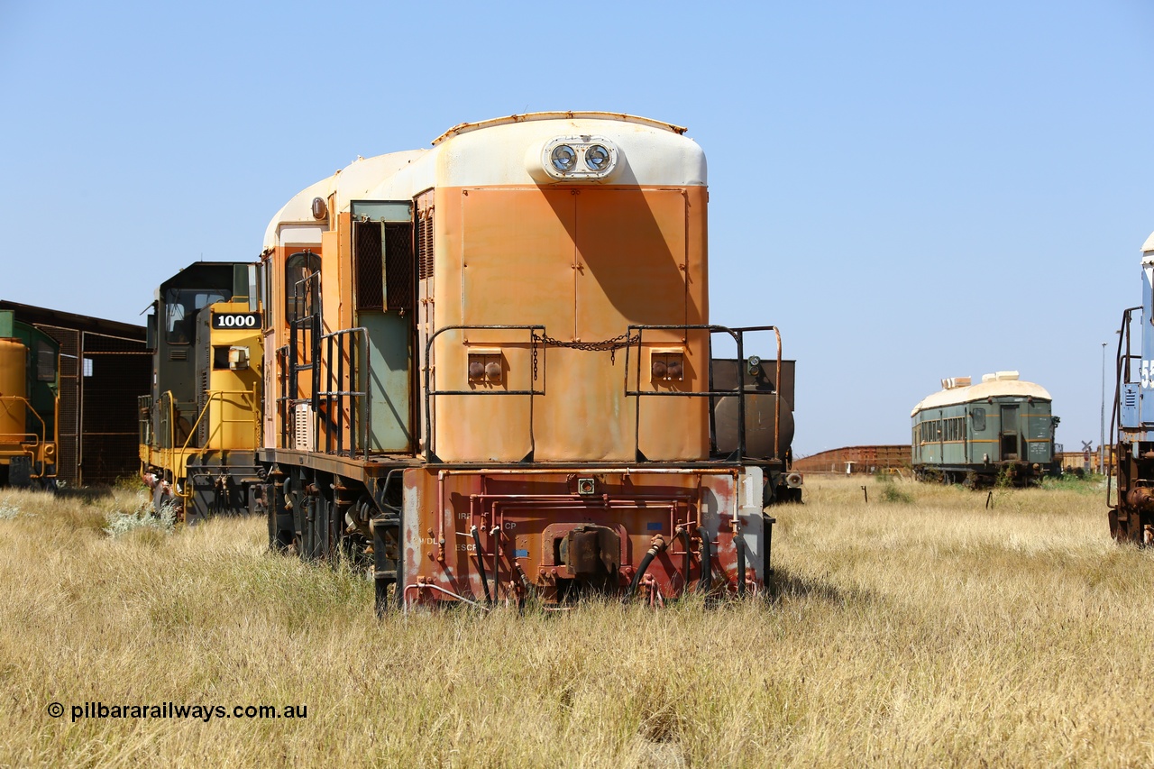 200914 7758
Pilbara Railways Historical Society, Goldsworthy Mining Ltd B class unit 1, an English Electric built ST95B model, originally built in 1965 serial A-104, due to accident damage rebuilt on new frame with serial A-232 in 1970. These units of Bo-Bo design with a 6CSRKT 640 kW prime mover and built at the Rocklea Qld plant. Donated to Society in 1995. 14th September 2020.
Keywords: B-class;English-Electric-Qld;ST95B;A-104;A-232;GML;Goldsworthy-Mining;