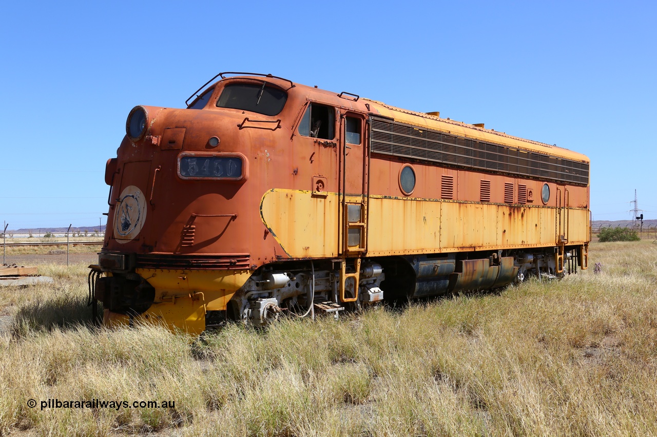 200914 7763
Pilbara Railways Historical Society museum, 5450 a USA built EMD model F7A serial 8970 and frame 3006-A9, built Jan-1950 for Western Pacific Railroad as 917-A, imported for the Mt Newman Mining Co. to construct their Port Hedland to Newman railway in December 1967. Donated to the Society in 1978. 14th September 2020.
Keywords: 5450;EMD;F7A;8970;917-A;3006-A9;