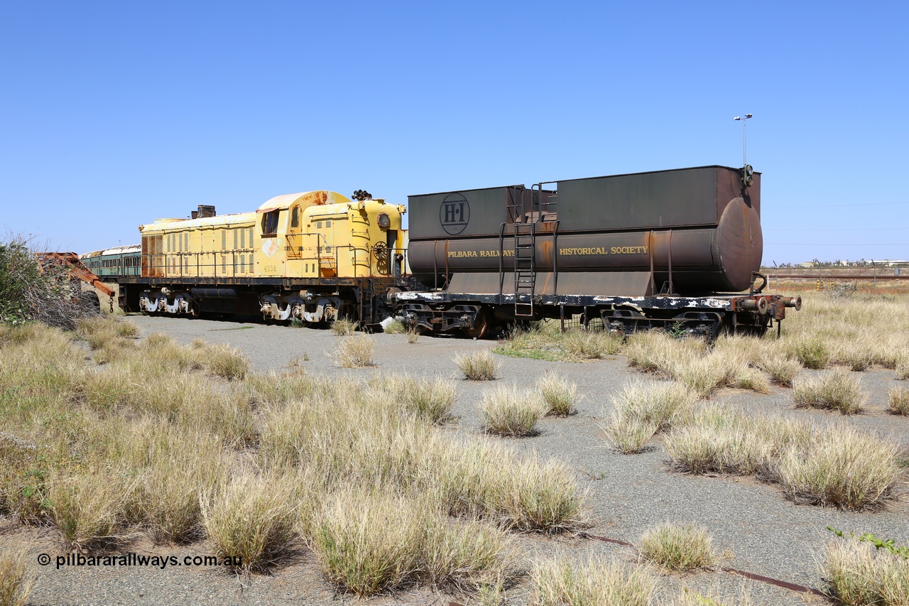 200914 7777
Pilbara Railways Historical Society, PWT 1 the water gin waggon used with the steam locomotive Pendennis Castle, this waggon had a proportional valve fitted to control the Westinghouse brake system on the train via the vacuum brake on the Pendennis Castle and former Cliffs Robe River ALCo RSD3 locomotive 4002. 14th September 2020.
