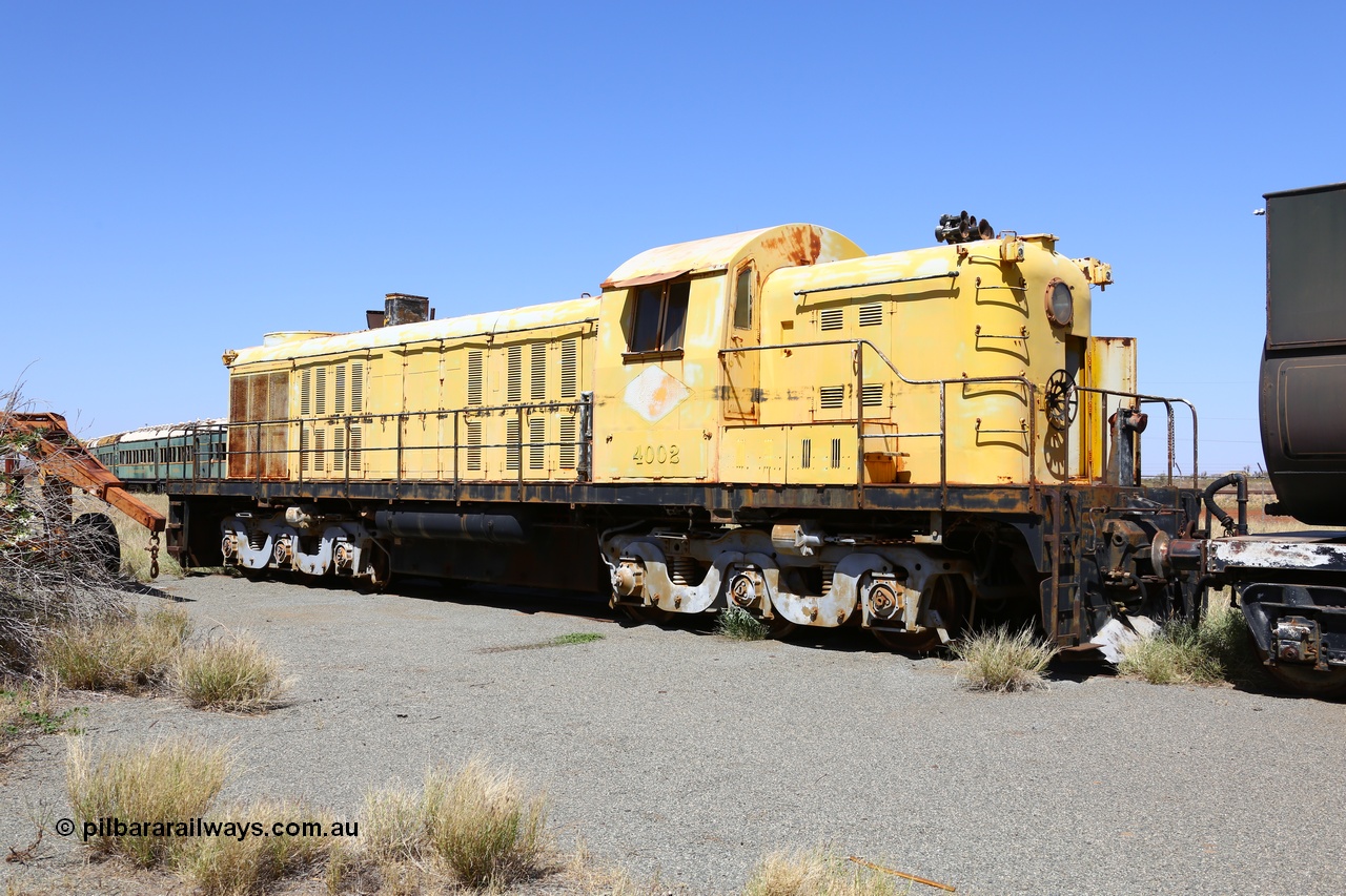 200914 7779
Pilbara Railways Historical Society museum, former Cliffs Robe River Iron Associates RSD-3 model ALCo locomotive built by Montreal Locomotive Works (MLW) in 1951 for NSWGR as the 40 class 4002 serial 77733, purchased by CRRIA in 1971 and numbered 261.002, then 1705 and finally 9405. 4002 is preserved in an operational state and another claim to fame is it run the Royal Train in NSW February 1954. Donated to the Society in 1979. 14th September 2020.
Keywords: 4002;MLW;ALCo;RSD3;77733;9405;40-class;