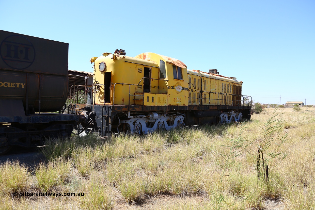 200914 7783
Pilbara Railways Historical Society museum, former Cliffs Robe River Iron Associates RSD-3 model ALCo locomotive built by Montreal Locomotive Works (MLW) in 1951 for NSWGR as the 40 class 4002 serial 77733, purchased by CRRIA in 1971 and numbered 261.002, then 1705 and finally 9405. 4002 is preserved in an operational state and another claim to fame is it run the Royal Train in NSW February 1954. Donated to the Society in 1979. 14th September 2020.
Keywords: 4002;MLW;ALCo;RSD3;77733;9405;40-class;