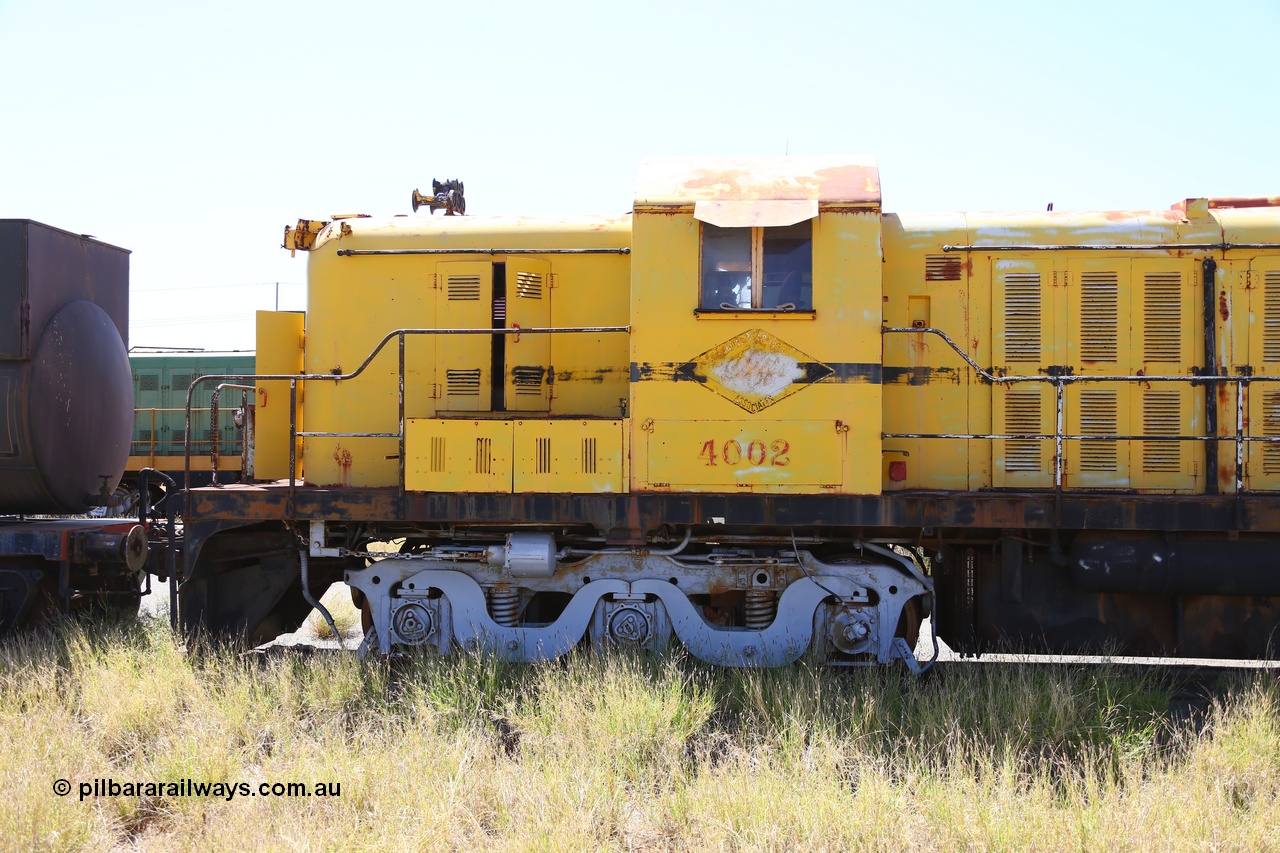 200914 7784
Pilbara Railways Historical Society museum, former Cliffs Robe River Iron Associates RSD-3 model ALCo locomotive built by Montreal Locomotive Works (MLW) in 1951 for NSWGR as the 40 class 4002 serial 77733, purchased by CRRIA in 1971 and numbered 261.002, then 1705 and finally 9405. 4002 is preserved in an operational state and another claim to fame is it run the Royal Train in NSW February 1954. Donated to the Society in 1979. 14th September 2020.
Keywords: 4002;MLW;ALCo;RSD3;77733;9405;40-class;