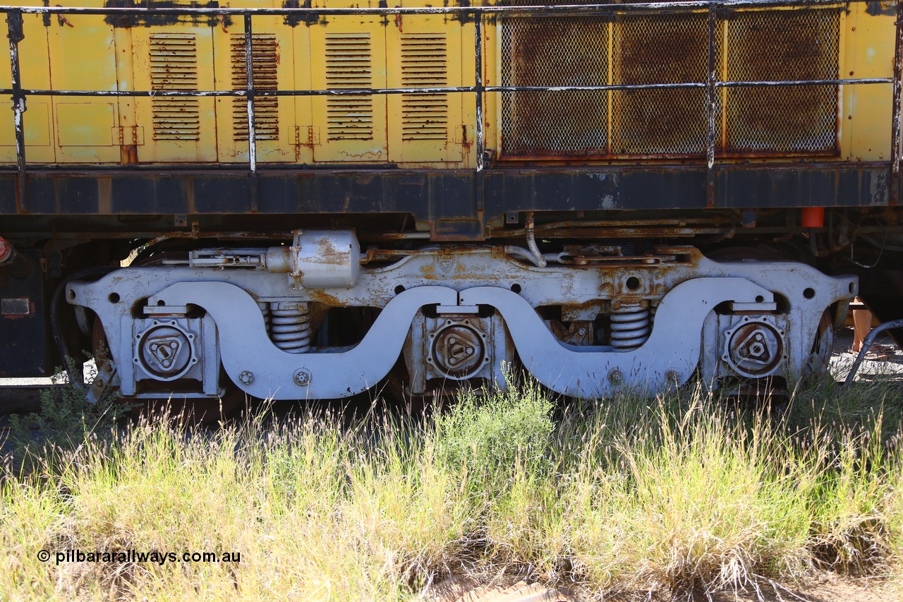 200914 7786
Pilbara Railways Historical Society museum, bogie view of former Cliffs Robe River Iron Associates RSD-3 model ALCo locomotive built by Montreal Locomotive Works (MLW) in 1951 for NSWGR as the 40 class 4002 serial 77733, purchased by CRRIA in 1971 and numbered 261.002, then 1705 and finally 9405. 4002 is preserved in an operational state and another claim to fame is it run the Royal Train in NSW February 1954. Donated to the Society in 1979. 14th September 2020.
Keywords: 4002;MLW;ALCo;RSD3;77733;9405;40-class;