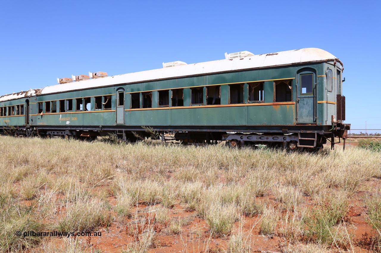 200914 7787
Pilbara Railways Historical Society, passenger carriage 'Conference Car' originally built by Clyde Engineering at Granville NSW in 1935 for the NSWGR as a second class railway carriage FS type FS 2010. In 1975 it was purchased by Hamersley Iron and converted to an inspection vehicle SV 4. When donated to the Society it was repurposed as a conference car. 14th September 2020.
Keywords: FS2010;FS-type;Clyde-Engineering-Granville-NSW;