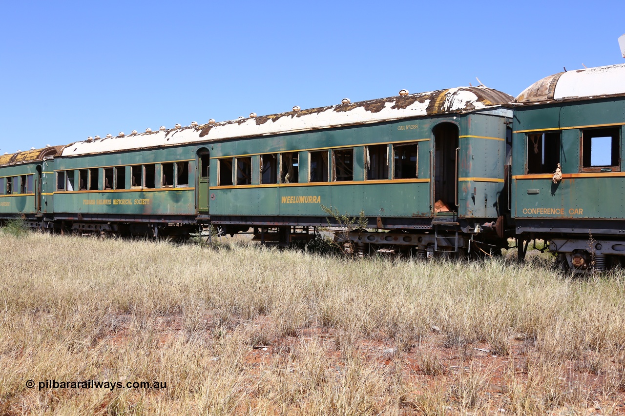 200914 7788
Pilbara Railways Historical Society, passenger carriage 'Weelumurra' was originally built by Clyde Engineering at Granville NSW in 1936 for the NSWGR as a second class railway carriage FS type FS 2138. In 1975 it was purchased by the Society and is named after a local river. 14th September 2020.
Keywords: FS2138;FS-type;Clyde-Engineering-Granville-NSW;