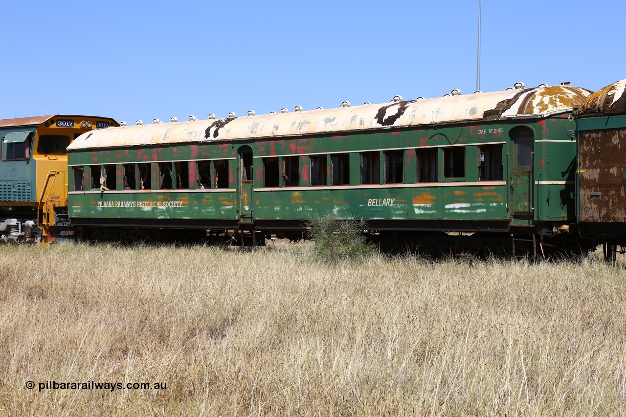 200914 7791
Pilbara Railways Historical Society, passenger carriage 'Bellary' was originally built by Clyde Engineering at Granville NSW in 1936 for the NSWGR as a second class railway carriage FS type FS 2143. In 1987 it was purchased by the Society and is named after a local river. 14th September 2020.
Keywords: FS2143;FS-type;Clyde-Engineering-Granville-NSW;