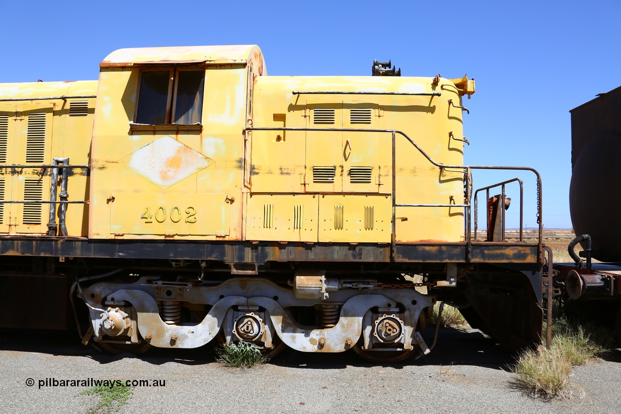 200914 7802
Pilbara Railways Historical Society museum, former Cliffs Robe River Iron Associates RSD-3 model ALCo locomotive built by Montreal Locomotive Works (MLW) in 1951 for NSWGR as the 40 class 4002 serial 77733, purchased by CRRIA in 1971 and numbered 261.002, then 1705 and finally 9405. 4002 is preserved in an operational state and another claim to fame is it run the Royal Train in NSW February 1954. Donated to the Society in 1979. 14th September 2020.
Keywords: 4002;MLW;ALCo;RSD3;77733;9405;40-class;