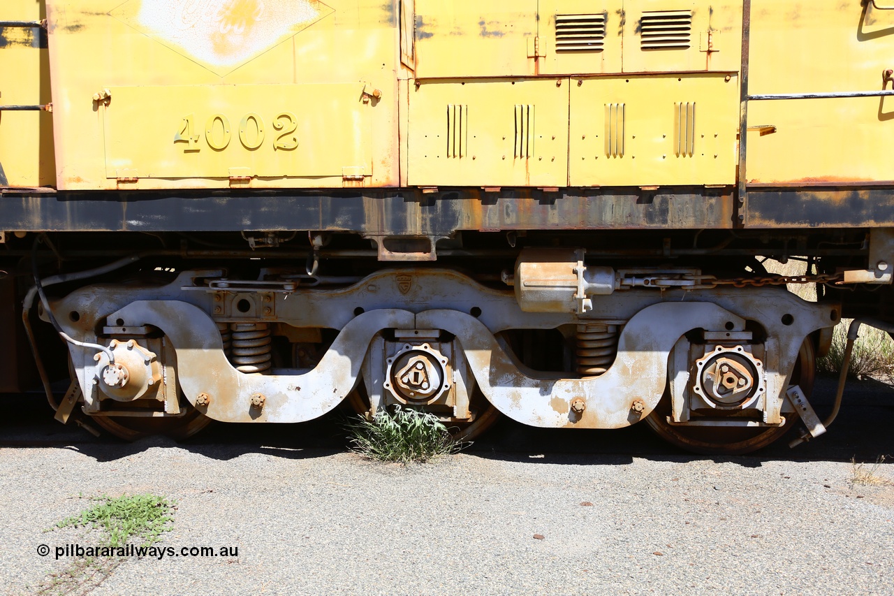 200914 7803
Pilbara Railways Historical Society museum, bogie view of former Cliffs Robe River Iron Associates RSD-3 model ALCo locomotive built by Montreal Locomotive Works (MLW) in 1951 for NSWGR as the 40 class 4002 serial 77733, purchased by CRRIA in 1971 and numbered 261.002, then 1705 and finally 9405. 4002 is preserved in an operational state and another claim to fame is it run the Royal Train in NSW February 1954. Donated to the Society in 1979. 14th September 2020.
Keywords: 4002;MLW;ALCo;RSD3;77733;9405;40-class;