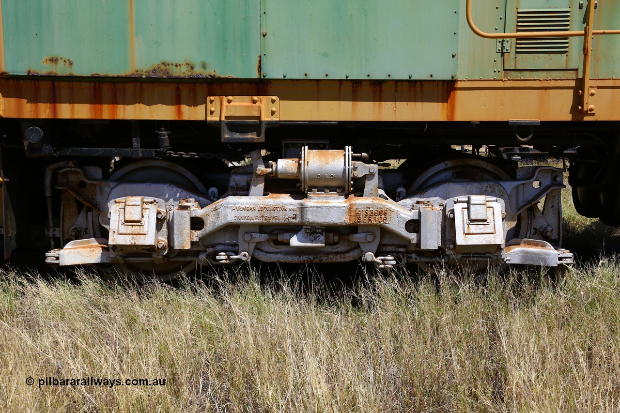 200914 7806
Pilbara Railways Historical Society, view of the bogie under ALCo built locomotive model S-2 serial 69214 built in 1940 for the Spokane, Portland and Seattle as their #21 and retired in 1964 before coming to Australia in September 1965, numbered 007 and called 'Mabel'. Retired in December 1972 and donated to the Society in 1976. 14th September 2020.
Keywords: 007;ALCo;S-2;69214;SP&S;21;