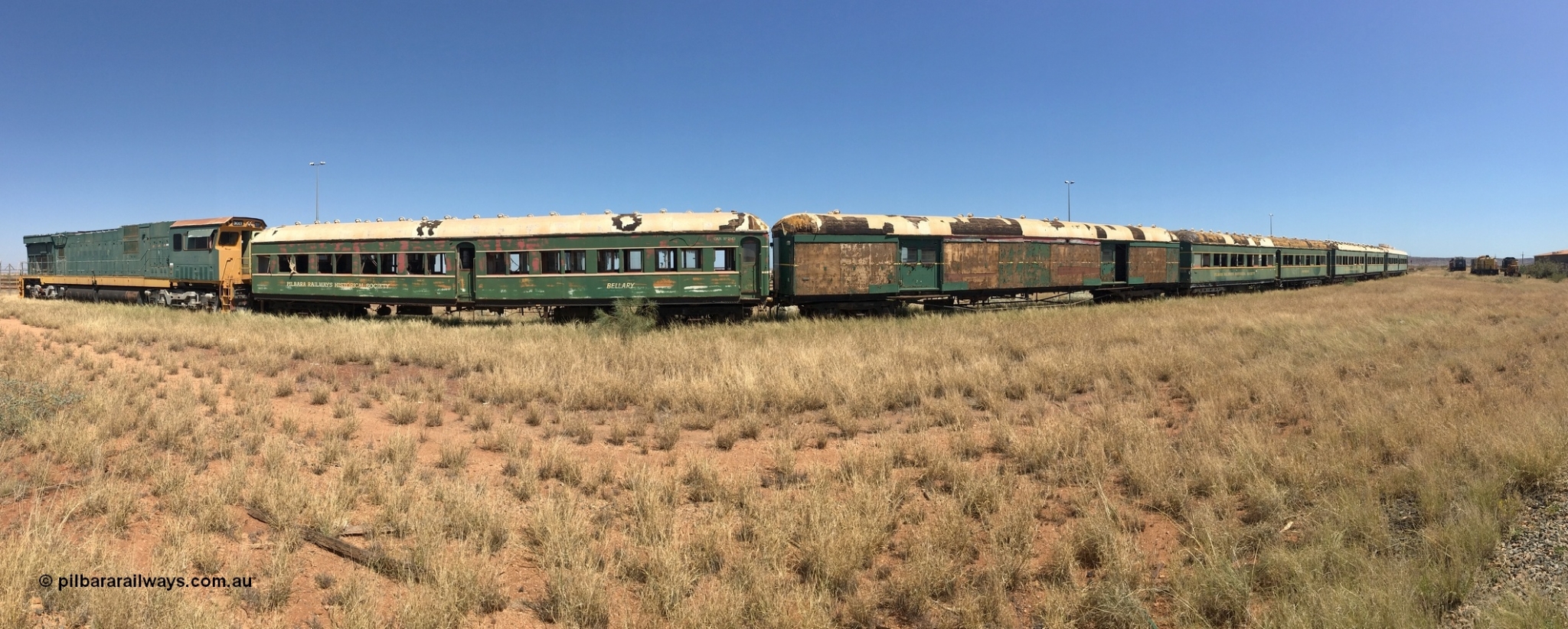 200914 iPhone IMG 8831
Pilbara Railways Historical Society, in this panorama image you can see from the left 3017 a Comeng WA ALCo rebuild C636R locomotive serial WA-135-C-6043-04. The improved Pilbara cab was fitted as part of the rebuild in April 1985 and the former NSWGR bogie passenger carriages. 14th September 2020.
