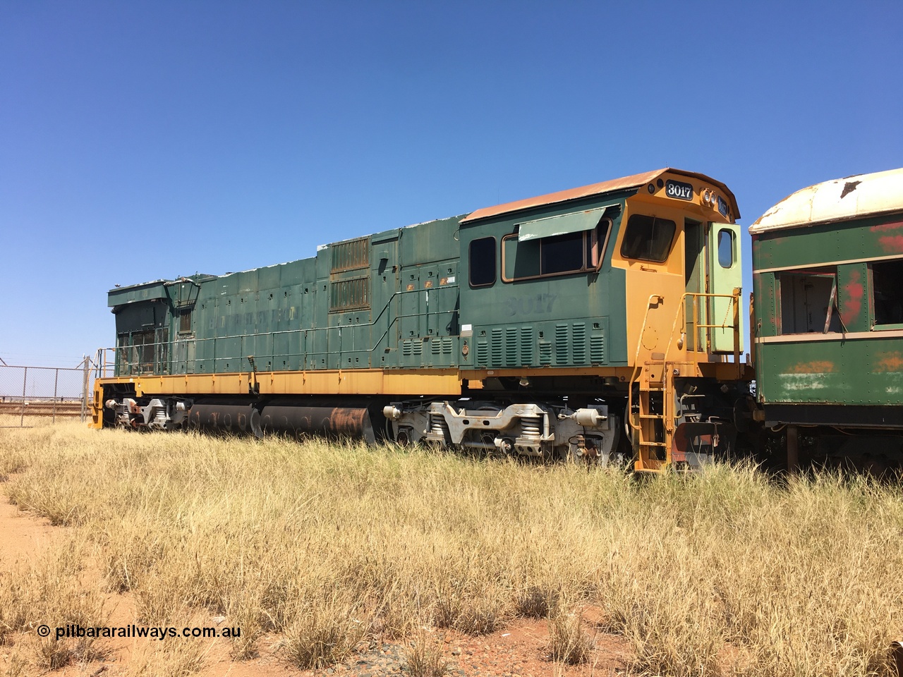 200914 iPhone IMG 8841
Pilbara Railways Historical Society, Comeng WA ALCo rebuild C636R locomotive 3017 serial WA-135-C-6043-04. The improved Pilbara cab was fitted as part of the rebuild in April 1985. Donated to Society in 1996. 14th September 2020.
Keywords: 3017;Comeng-WA;ALCo;C636R;WA-135-C-6043-04;rebuild;