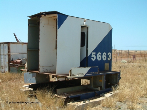 041014 122434
Pilbara Railways Historical Society, the Locotrol 'cab' from Goninan WA rebuild CM40-8ML unit 5663 Newcastle, one of three units built without a driving cab in 1994 but with a Locotrol equipment cabinet to do away with the Locotrol waggons that were in use at the time. Eventually the three locomotives had driving cabs fitted. Donated to the Society around 1998? 14th October 2004.
Keywords: 5663;Goninan;GE;CM40-8ML;8412-08/94-154;rebuild;AE-Goodwin;ALCo;M636C;5476;G6047-8