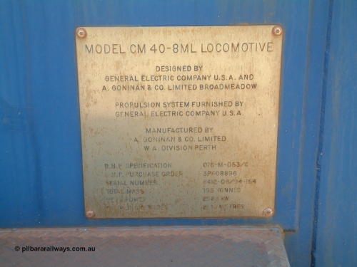 041014 122446
Pilbara Railways Historical Society, the builders plate from Goninan WA rebuild CM40-8ML unit 5663 Newcastle, one of three units built without a driving cab in 1994 but with a Locotrol equipment cabinet to do away with the Locotrol waggons that were in use at the time. Donated to the Society around 1998? 14th October 2004.
Keywords: 5663;Goninan;GE;CM40-8ML;8412-08/94-154;rebuild;AE-Goodwin;ALCo;M636C;5476;G6047-8