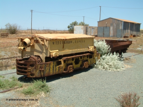 041014 122810
Pilbara Railways Historical Society, Mancha battery hauler from the former CSR underground blue asbestos mine at Wittenoom, driving position is at the rear in this shot. Shows misspelling on the side of EXPRSS rather than express. Donated to the Society in 2003. 14th October 2004.
Keywords: Mancha;