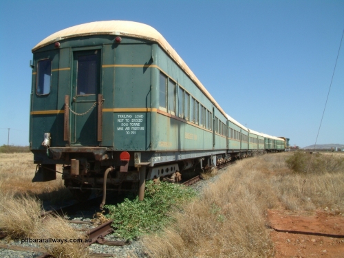 041014 141930
Pilbara Railways Historical Society, view along the passenger carriages, closest is the 'Conference Car' with SV 4 still visible, originally built by Clyde Engineering at Granville NSW in 1935 for the NSWGR as a second class railway carriage FS type FS 2010. In 1975 it was purchased by Hamersley Iron and converted to an inspection vehicle SV 4. When donated to the Society it was repurposed as a conference car. 14th October 2004.
Keywords: FS2010;FS-type;Clyde-Engineering-Granville-NSW