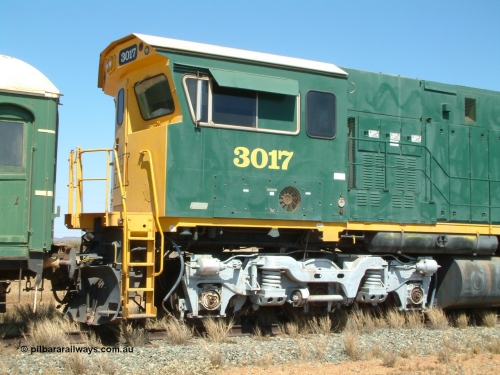 041014 142110
Pilbara Railways Historical Society, Comeng WA ALCo rebuild C636R locomotive 3017 serial WA-135-C-6043-04. The improved Pilbara cab was fitted as part of the rebuild in April 1985. Donated to Society in 1996. 14th October 2004.
Keywords: 3017;Comeng-WA;ALCo;C636R;WA-135-C-6043-04;rebuild
