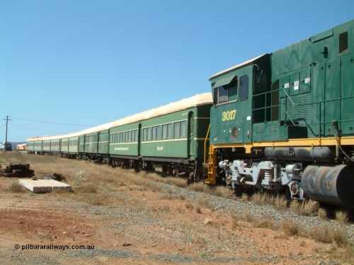 041014 142329
Pilbara Railways Historical Society, view along the passenger carriages behind rebuilt ALCo C636R locomotive 3017 with the first passenger carriage 'Bellary' was originally built by Clyde Engineering at Granville NSW in 1936 for the NSWGR as a second class railway carriage FS type FS 2143. In 1987 it was purchased by the Society and is named after a local river. The next carriage is van 'Portland' and originally an NSWGR MHO type guards van MHO 2321, then recoded to KB type mail van, then to KBY 2513 guards van. For a view 20 years later [url=https://pilbararailways.com.au/gallery/displayimage.php?pid=17751]click here[/url]. 14th October 2004.
Keywords: 3017;Comeng-WA;ALCo;C636R;WA-135-C-6043-04;rebuild