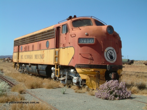 041014 142738
Pilbara Railways Historical Society museum, 5450 a USA built EMD model F7A serial 8970 and frame 3006-A9, built Jan-1950 for Western Pacific Railroad as 917-A, imported for the Mt Newman Mining Co. to construct their Port Hedland to Newman railway in December 1967. Donated to the Society in 1978. 14th October 2004.
Keywords: 5450;EMD;F7A;8970;917-A;3006-A9