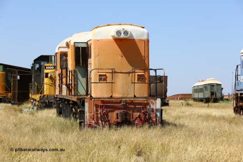 200914 7758
Pilbara Railways Historical Society, Goldsworthy Mining Ltd B class unit 1, an English Electric built ST95B model, originally built in 1965 serial A-104, due to accident damage rebuilt on new frame with serial A-232 in 1970. These units of Bo-Bo design with a 6CSRKT 640 kW prime mover and built at the Rocklea Qld plant. Donated to Society in 1995. 14th September 2020.
Keywords: B-class;English-Electric-Qld;ST95B;A-104;A-232;GML;Goldsworthy-Mining