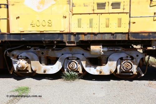 200914 7803
Pilbara Railways Historical Society museum, bogie view of former Cliffs Robe River Iron Associates RSC-3 model ALCo locomotive built by Montreal Locomotive Works (MLW) in 1951 for NSWGR as the 40 class 4002 serial 77733, purchased by CRRIA in 1971 and numbered 261.002, then 1705 and finally 9405. 4002 is preserved in an operational state and another claim to fame is it run the Royal Train in NSW February 1954. Donated to the Society in 1979. 14th September 2020.
Keywords: 4002;MLW;ALCo;RSC3;77733;9405;40-class