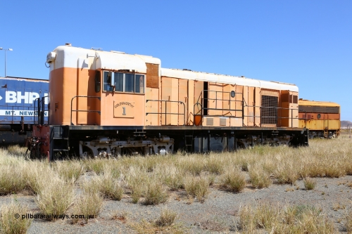 200914 7813
Pilbara Railways Historical Society, Goldsworthy Mining Ltd B class unit 1, an English Electric built ST95B model, originally built in 1965 serial A-104, due to accident damage rebuilt on new frame with serial A-232 in 1970. These units of Bo-Bo design with a 6CSRKT 640 kW prime mover and built at the Rocklea Qld plant. Donated to Society in 1995. 14th September 2020.
Keywords: B-class;English-Electric-Qld;ST95B;A-104;A-232;GML;Goldsworthy-Mining