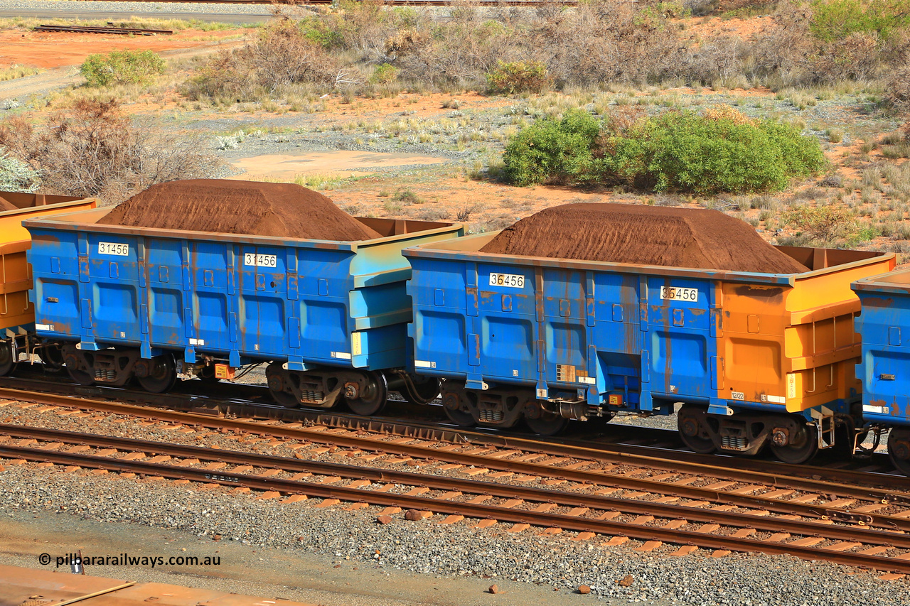 240619 0345
Cape Lambert yard, one of Rio Tinto's blue rakes with spring park brake and only electronic controlled pneumatic [ECP] braking, waggon pair 31456 is a master and is bar coupled to slave waggon 36456 built by China Northen as a Q type in 12/2022. Captured on June 19, 2024.
Keywords: 31456;36456;Q-type;China-Northern;Rio-ore-waggon;