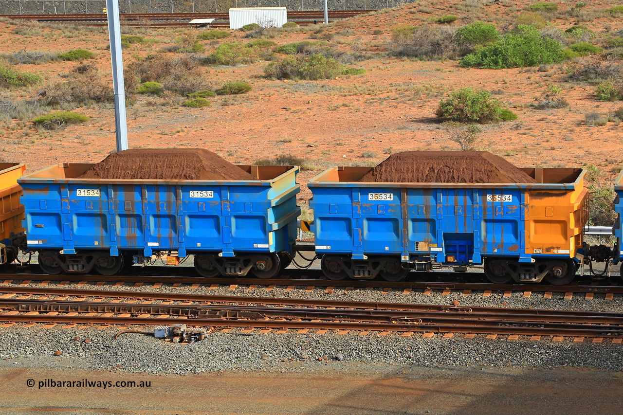 240619 0358
Cape Lambert yard, one of Rio Tinto's blue rakes with spring park brake and only electronic controlled pneumatic [ECP] braking, waggon pair 31534 is a master and is bar coupled to slave waggon 36534 built by China Northen as a Q type in 12/2022. Captured on June 19, 2024.
Keywords: 31534;36534;Q-type;China-Northern;Rio-ore-waggon;