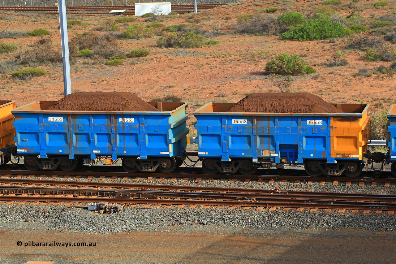 240619 0359
Cape Lambert yard, one of Rio Tinto's blue rakes with spring park brake and only electronic controlled pneumatic [ECP] braking, waggon pair 31553 is a master and is bar coupled to slave waggon 36553 built by China Northen as a Q type in 12/2022. Captured on June 19, 2024.
Keywords: 31553;36553;Q-type;China-Northern;Rio-ore-waggon;
