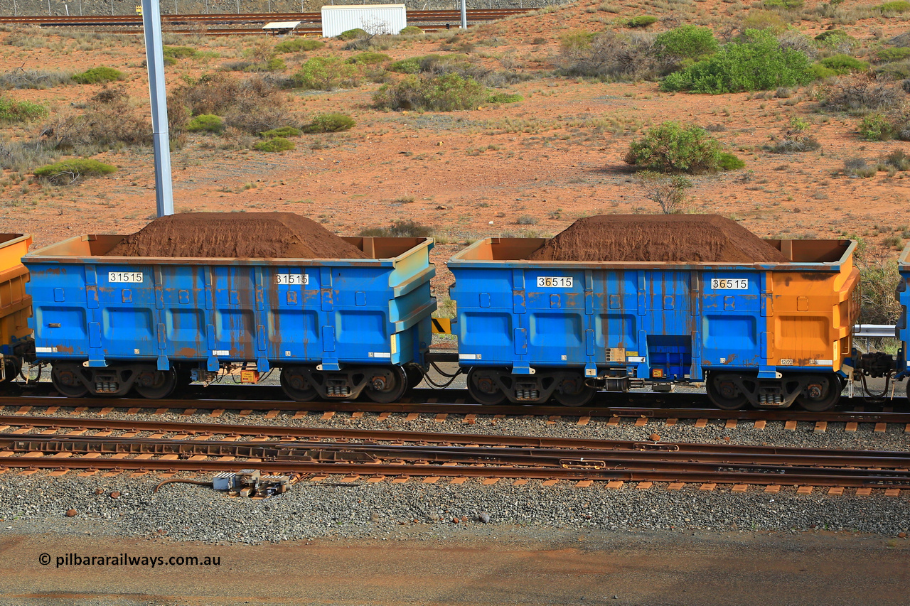 240619 0360
Cape Lambert yard, one of Rio Tinto's blue rakes with spring park brake and only electronic controlled pneumatic [ECP] braking, waggon pair 31515 is a master and is bar coupled to slave waggon 36515 built by China Northen as a Q type in 12/2022. Captured on June 19, 2024.
Keywords: 31515;36515;Q-type;China-Northern;Rio-ore-waggon;