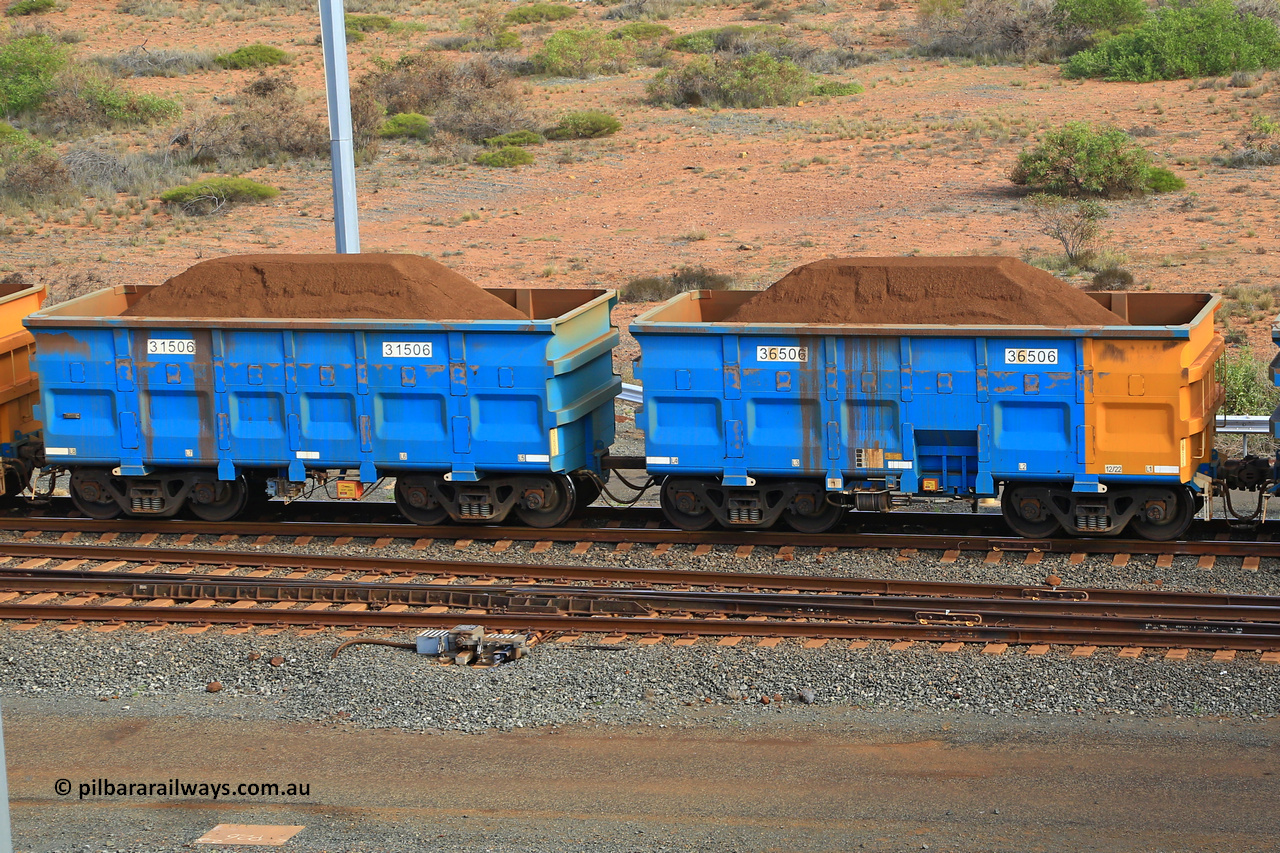 240619 0382
Cape Lambert yard, one of Rio Tinto's blue rakes with spring park brake and only electronic controlled pneumatic [ECP] braking, waggon pair 31506 is a master and is bar coupled to slave waggon 36506 built by China Northen as a Q type in 12/2022. Captured on June 19, 2024.
Keywords: 31506;36506;Q-type;China-Northern;Rio-ore-waggon;