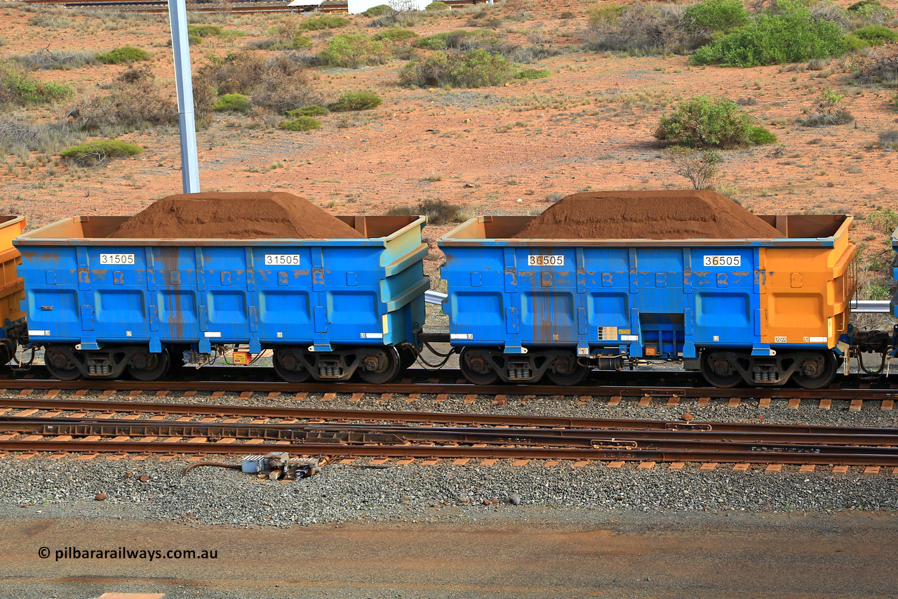 240619 0388
Cape Lambert yard, one of Rio Tinto's blue rakes with spring park brake and only electronic controlled pneumatic [ECP] braking, waggon pair 31505 is a master and is bar coupled to slave waggon 36505 built by China Northen as a Q type in 12/2022. Captured on June 19, 2024.
Keywords: 31505;36505;Q-type;China-Northern;Rio-ore-waggon;