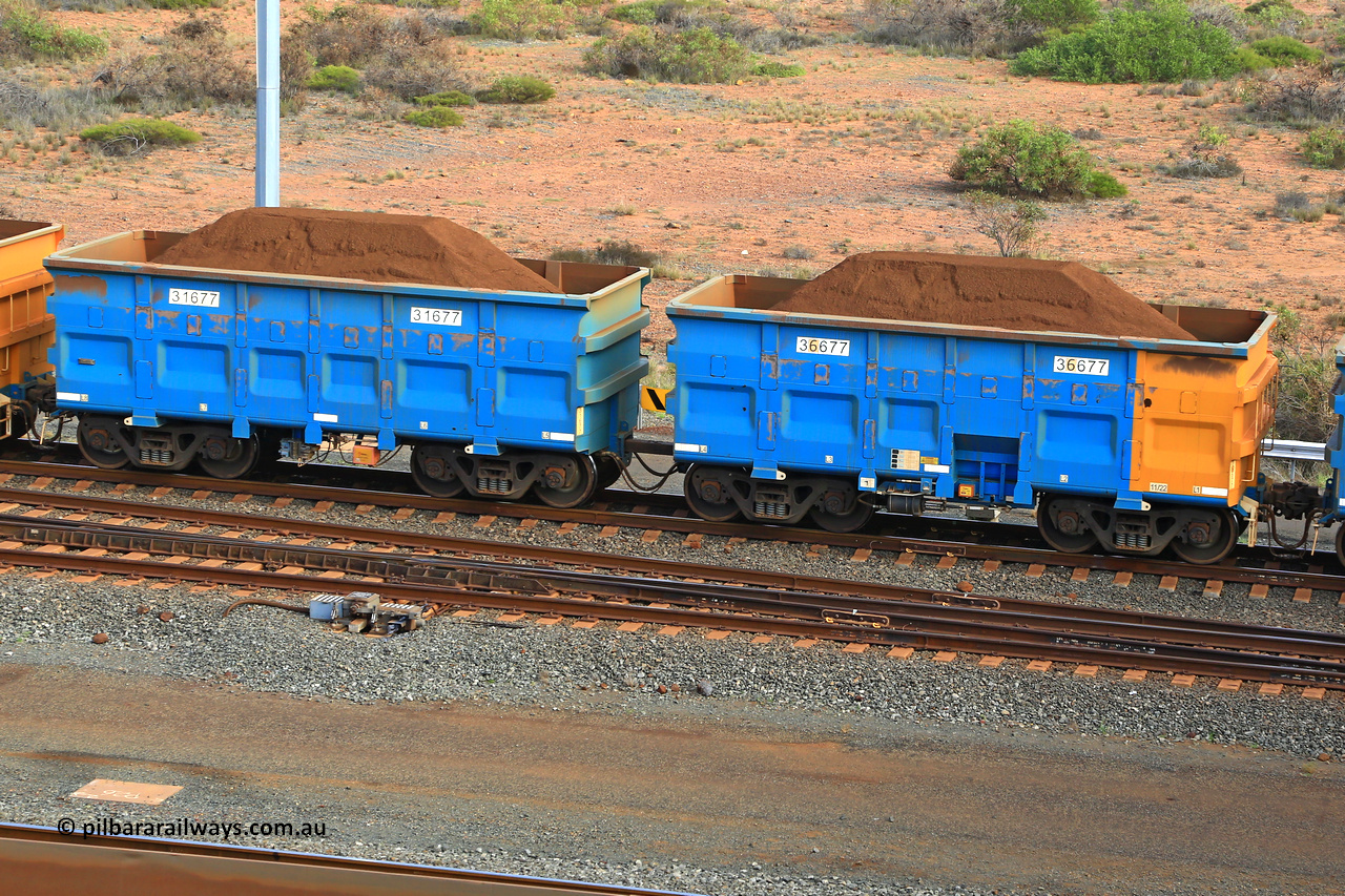 240619 0403
Cape Lambert yard, one of Rio Tinto's blue rakes with spring park brake and only electronic controlled pneumatic [ECP] braking, waggon pair 31677 is a master and is bar coupled to slave waggon 36677 built by China Northen as a Q type in 11/2022. Captured on June 19, 2024.
Keywords: 31677;36677;Q-type;China-Northern;Rio-ore-waggon;