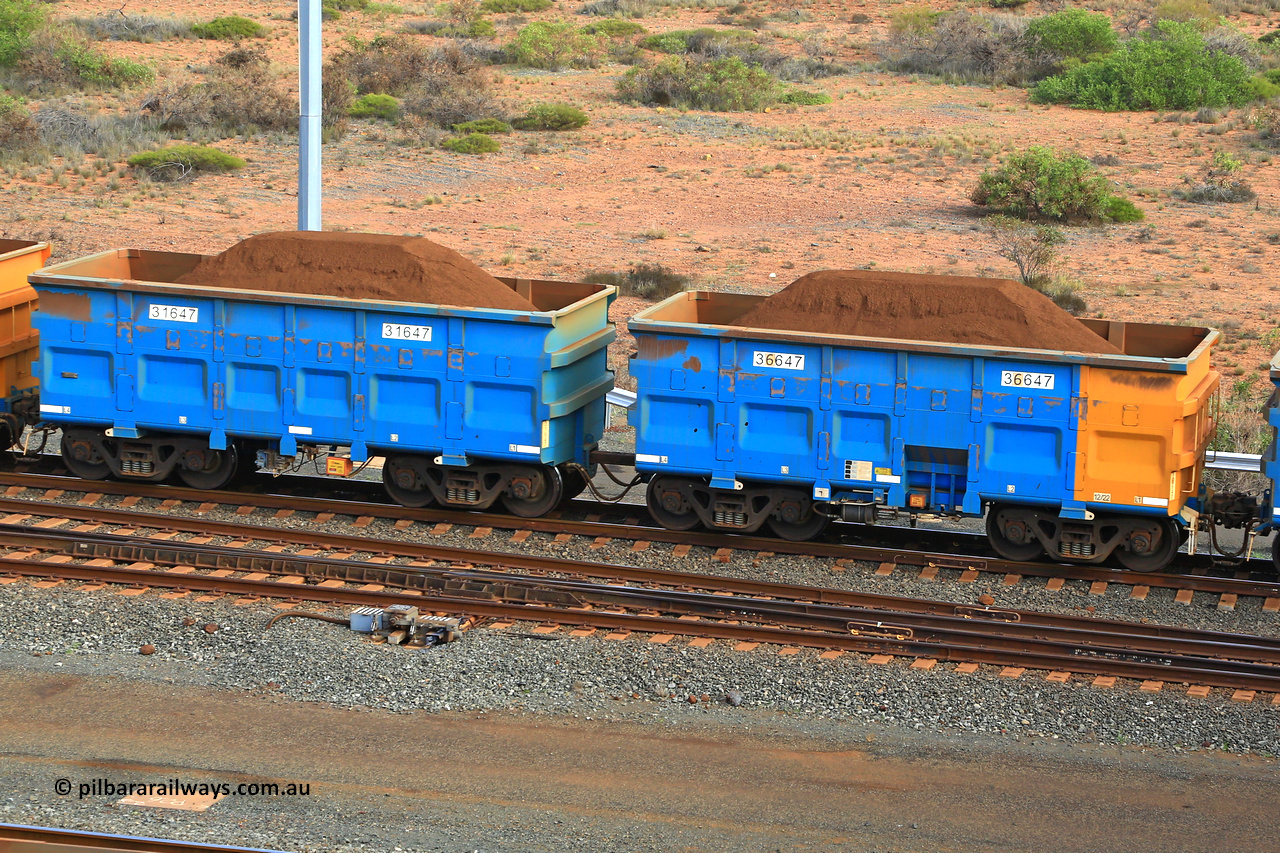 240619 0413
Cape Lambert yard, one of Rio Tinto's blue rakes with spring park brake and only electronic controlled pneumatic [ECP] braking, waggon pair 31647 is a master and is bar coupled to slave waggon 36647 built by China Northen as a Q type in 12/2022. Captured on June 19, 2024.
Keywords: 31647;36647;Q-type;China-Northern;Rio-ore-waggon;