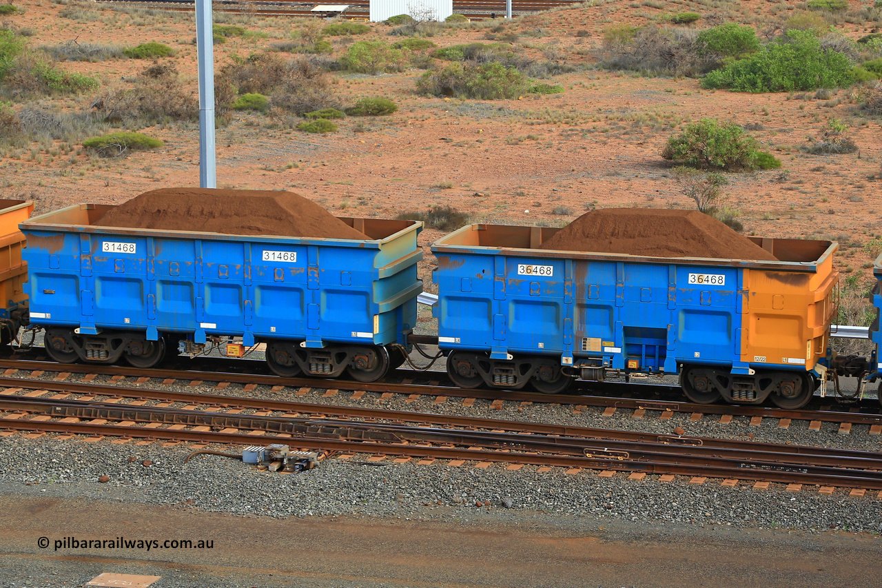 240619 0426
Cape Lambert yard, one of Rio Tinto's blue rakes with spring park brake and only electronic controlled pneumatic [ECP] braking, waggon pair 31468 is a master and is bar coupled to slave waggon 36468 built by China Northen as a Q type in 12/2022. Captured on June 19, 2024.
Keywords: 31468;36468;Q-type;China-Northern;Rio-ore-waggon;