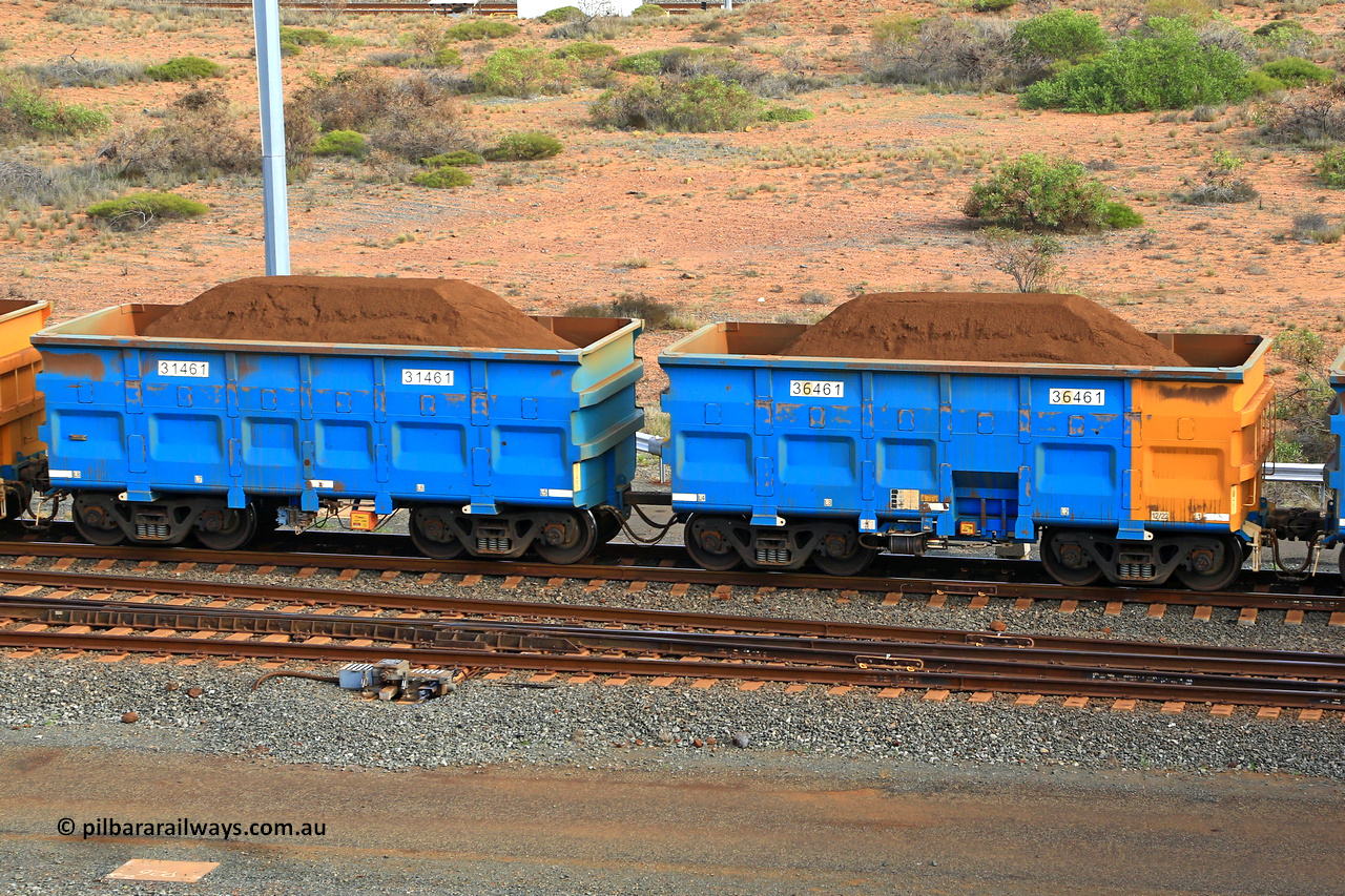 240619 0430
Cape Lambert yard, one of Rio Tinto's blue rakes with spring park brake and only electronic controlled pneumatic [ECP] braking, waggon pair 31461 is a master and is bar coupled to slave waggon 36461 built by China Northen as a Q type in 12/2022. Captured on June 19, 2024.
Keywords: 31461;36461;Q-type;China-Northern;Rio-ore-waggon;