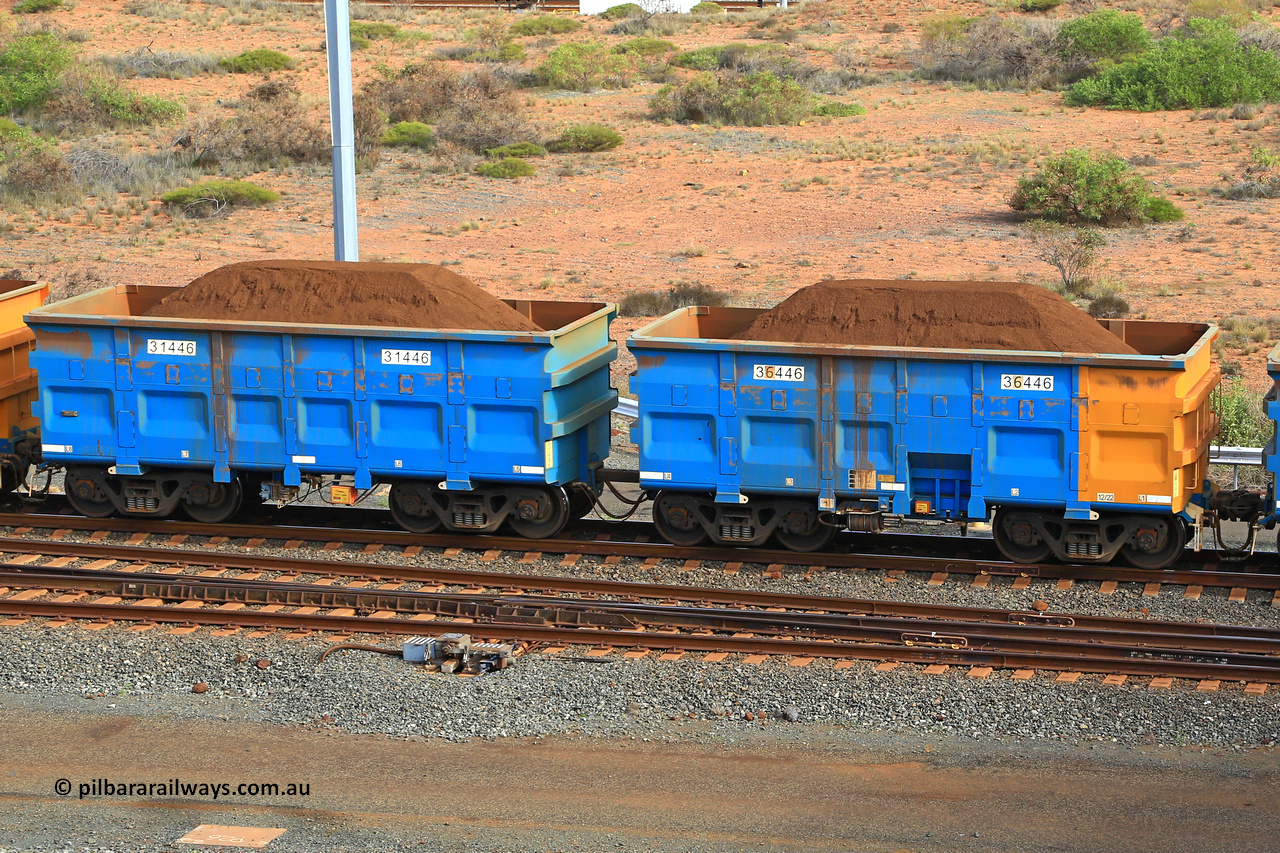 240619 0435
Cape Lambert yard, one of Rio Tinto's blue rakes with spring park brake and only electronic controlled pneumatic [ECP] braking, waggon pair 31446 is a master and is bar coupled to slave waggon 36446 built by China Northen as a Q type in 12/2022. Captured on June 19, 2024.
Keywords: 31446;36446;Q-type;China-Northern;Rio-ore-waggon;