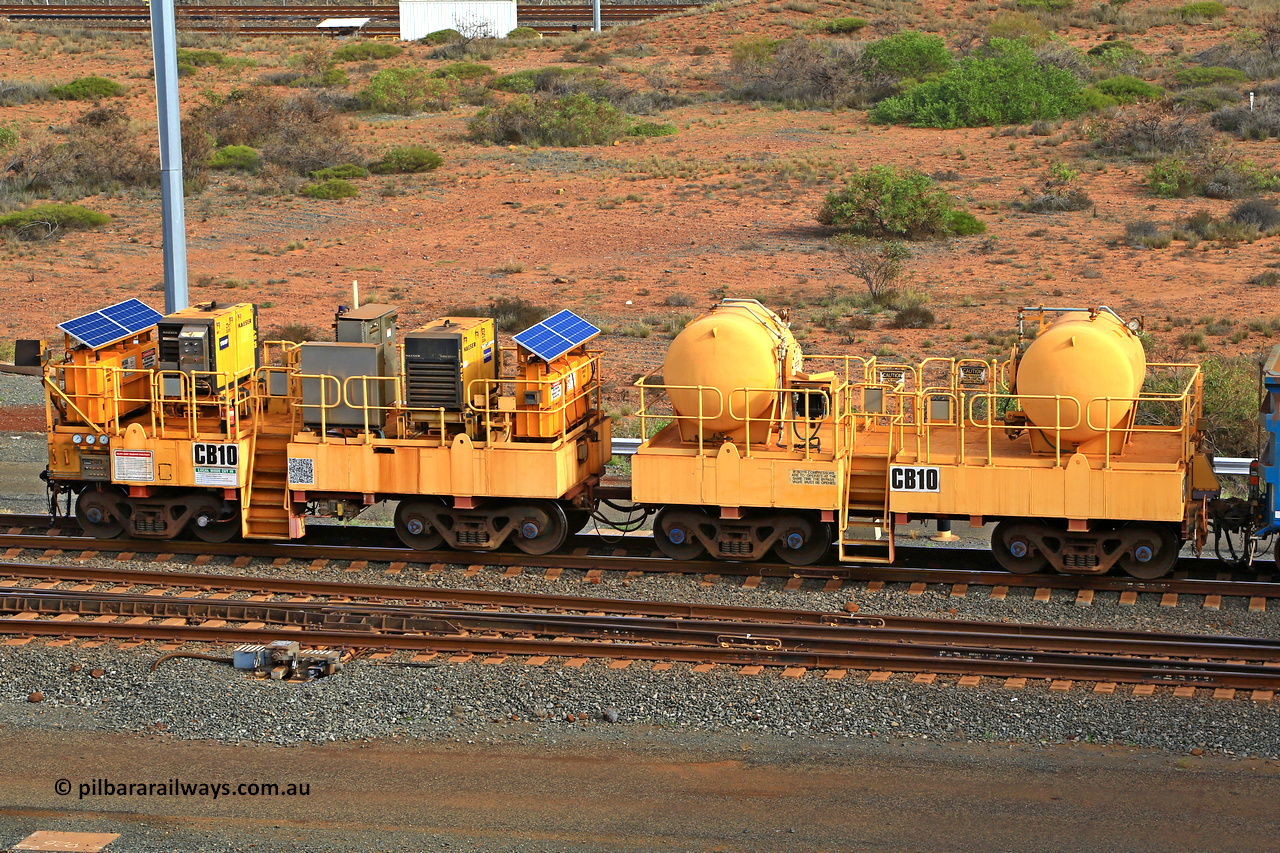 240619 0458
Cape Lambert yard, compressor waggon set number CB-10. The leading waggon has the air receivers with the control waggon trailing with the dual air compressors. Captured on June 19, 2024.
Keywords: CB-10;Rio-compressor-waggon;