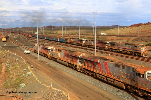 240619 0330
Cape Lambert yard, Hamersley Iron's GE built 9-44CW locomotive 7070 with serial number 47749, delivered in 1995 from the original locomotive order and still looking in pretty good condition despite its age leads a blue rake with an ES44DCi and a sister 9-44CW unit as it snakes through the yard towards the dumper for unloading. Captured on June 19, 2024.
Keywords: 7070;GE;Dash-9-44CW;47749;